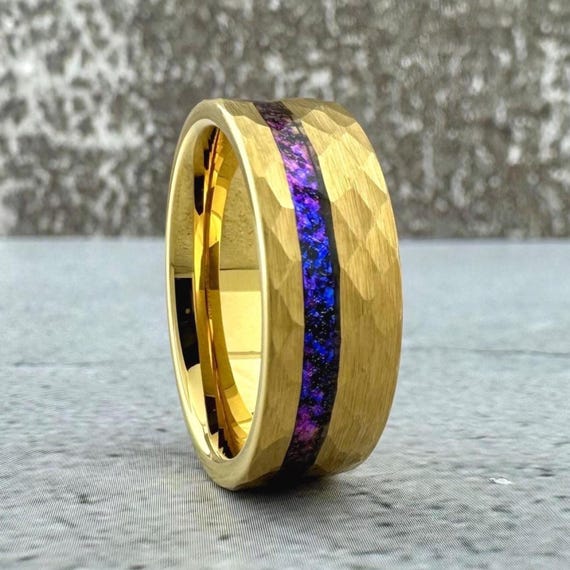 Alexandrite Gold Hammered Tungsten Ring Nebula Amethyst Purple Wedding Band For Men