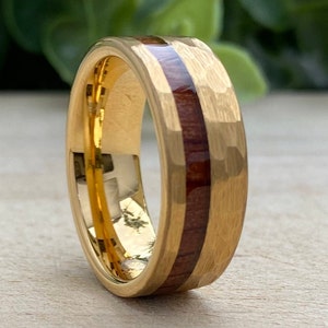 Mens Gold Hammered Tungsten Carbide Ring Wood Inlay 8MM Male Wedding Band Comfort Fit Size 5 to 15 His Anniversary Husband Promise Love Gift