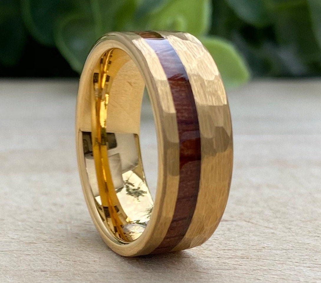 Mens Gold Hammered Tungsten Carbide Ring Wood Inlay 8MM