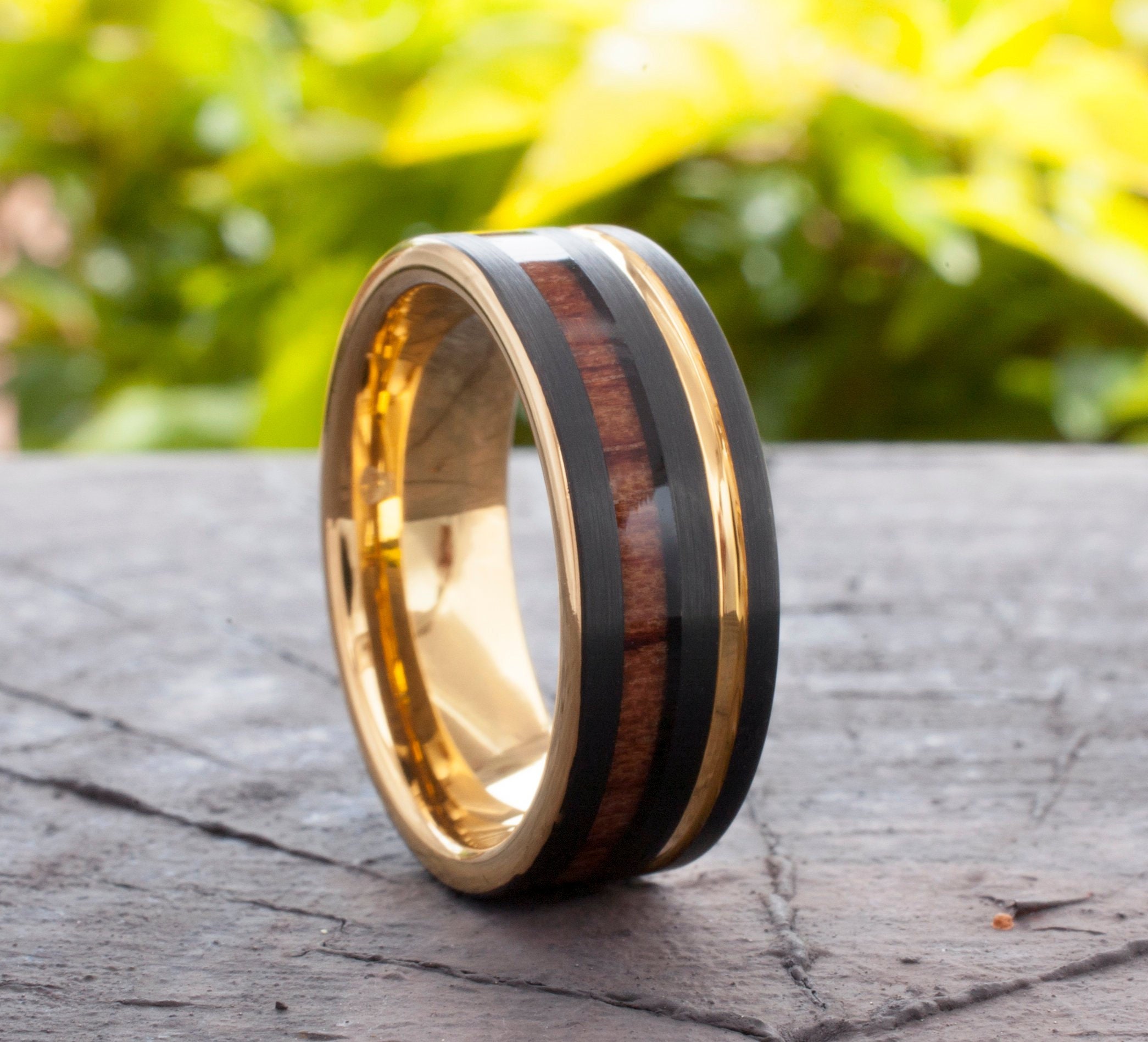 Black Tungsten Ring Gold Wedding Band Wood Inlay Yellow Groove Men 8MM ...