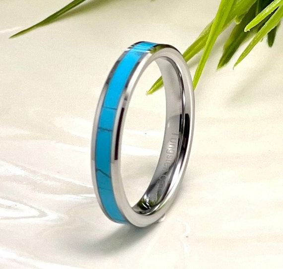 Thin Turquoise Tungsten Ring Wedding Band Men Women Anniversary Gift 4mm Size 4 to 14 Husband Wife Promise Engagement Ring