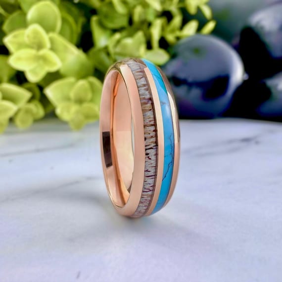 Deer Antler Turquoise Wedding Band Rose Gold Polished Tungsten Ring Domed Design 6MM