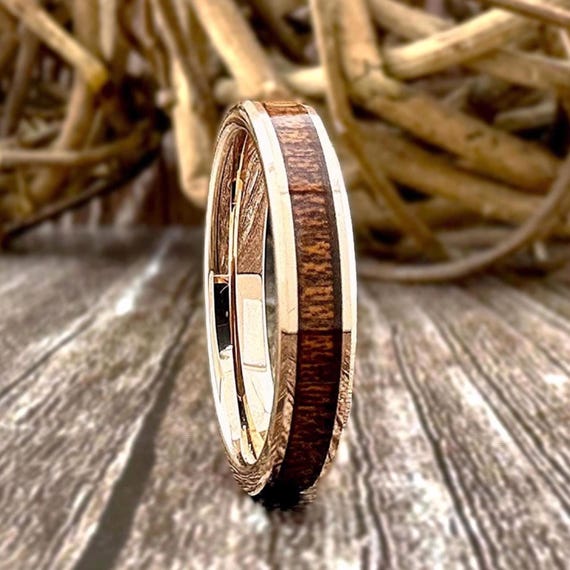 Women Wood Wedding Band Rose Gold Thin Ring 4MM Men Engagement Koa Wood Ring