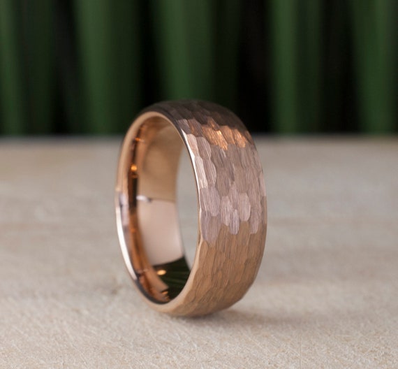 Hammered Tungsten Ring Rose Gold Men Wedding Band 8MM Brushed Pink Color Design Size 5 to 15 Male Anniversary Engagement Special Gift Idea