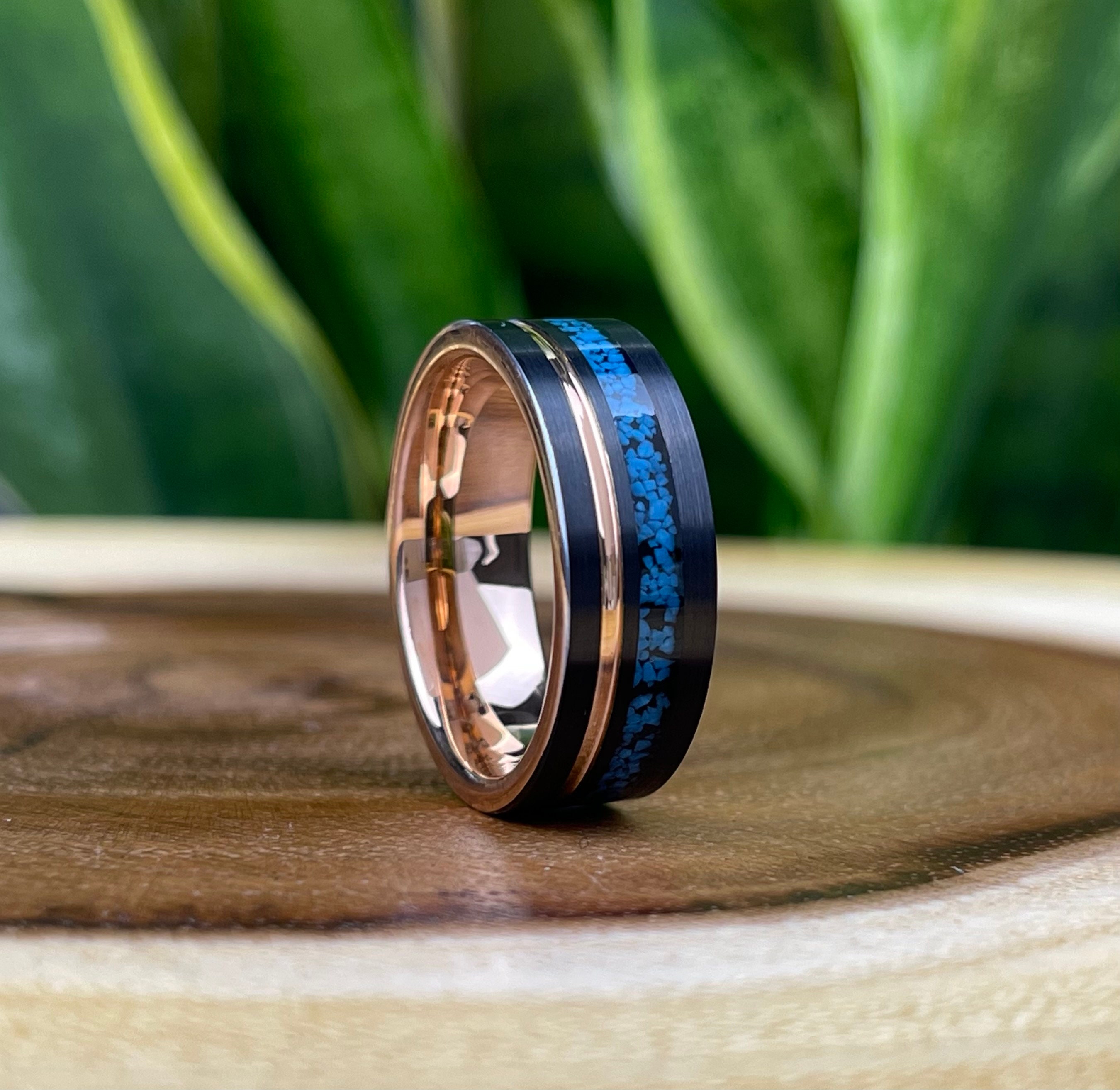 Rose Gold Wedding Band Turquoise Men Women Black Tungsten Carbide