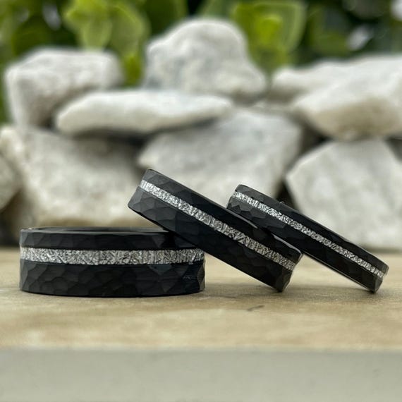 Men Women Wedding Band Black Hammered Meteorite Inlay Tungsten Ring Set Brush Comfort Fit 8MM 6MM 4MM Size 4 to 15 Anniversary His Hers Gift
