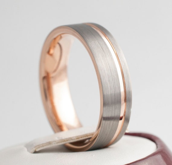 6MM Tungsten Ring Rose Gold Wedding Band Women Men Light Grey Brushed Design Sizes 4 to 14 Anniversary Engagement Gift Engraving Service