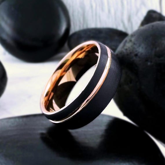 Rose Gold Wedding Band With Groove Men Black Tungsten Ring Two Tone Matte Brushed Design Male 8MM Anniversary Engagement Ring