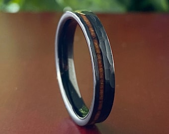 Black Tungsten Thin Hammered Ring Wood Inlay 4MM Women Men Wedding Band Brushed Style Size 4 to 14 Her His Anniversary Engagement Gift Idea