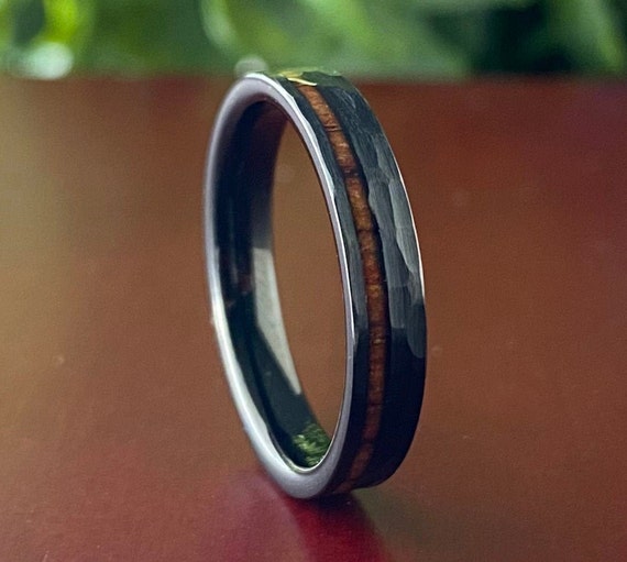 Black Tungsten Thin Hammered Ring Wood Inlay 4MM Women Men Wedding Band Brushed Style Size 4 to 14 Her His Anniversary Engagement Gift Idea