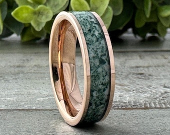 Anillo de oro rosa con ágata musgosa para hombre y mujer, alianza de boda de tungsteno de 6 mm, regalo de compromiso o aniversario, regalo para el Día del Padre.