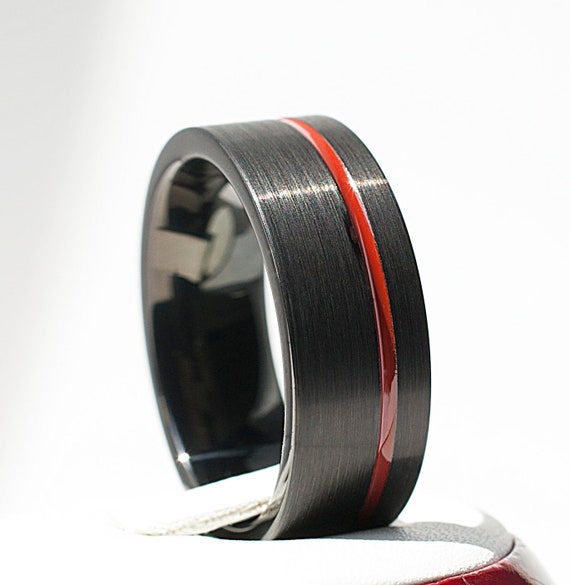 Black Tungsten Ring Red Line Men Wedding Band Brushed Satin Design Male Anniversary Comfort Fit Ring 8MM Size 5 to 15 Husband Wife Love Gift