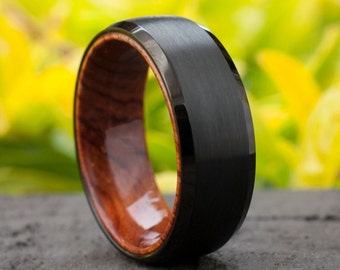 Wood Sleeve Tungsten Ring Black Wedding Band Brushed Rosewood Design Men 8MM Comfort Fit Sizes 5 to 15 Husband Anniversary Love Fathers Gift