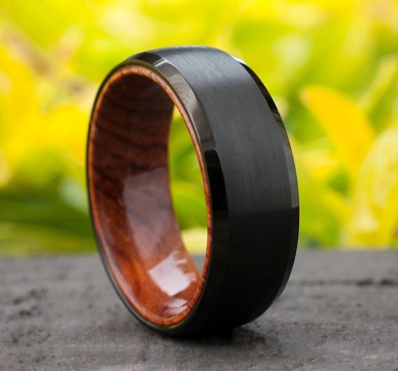 Wood Sleeve Tungsten Ring Black Wedding Band Brushed Rosewood Design Men 8MM Comfort Fit Sizes 5 to 15 Husband Anniversary Love Fathers Gift