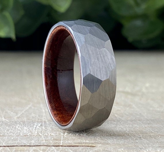 Hammered Wood Wedding Band Men Grey Smash Tungsten Ring Rosewood Inlay Brushed Design 8MM Size 5 to 15 Male Anniversary His Engagement Gift