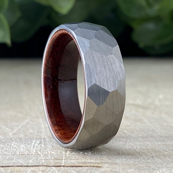 Hammered Wood Wedding Band Men Grey Smash Tungsten Ring Rosewood Inlay Brushed Design 8MM Size 5 to 15 Male Anniversary His Engagement Gift
