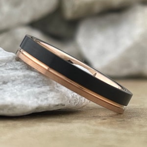 Dünne Rose Gold Ehering Schwarz Wolfram Ring Männer Frauen Zwei Ton Groove Inlay 4 MM Größen 5 bis 14 Seine Hers Jahrestag Verlobung Geschenk