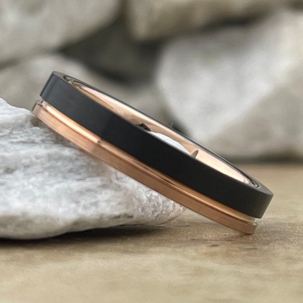 Thin Rose Gold Wedding Band Black Tungsten Ring Men Women Two Tone Groove Inlay 4MM Sizes 5 to 14 His Hers Anniversary Engagement Gift