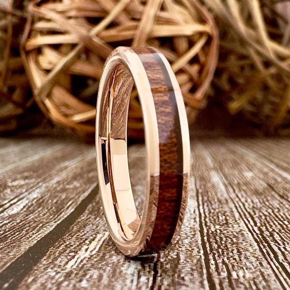 Women Wood Wedding Band Rose Gold Thin Ring 4MM Men Engagement Koa Wood Ring