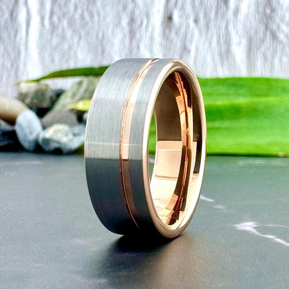 Men Rose Gold Tungsten Ring with Groove Gray Silver Brushed Finish Wedding Band for Women 8MM