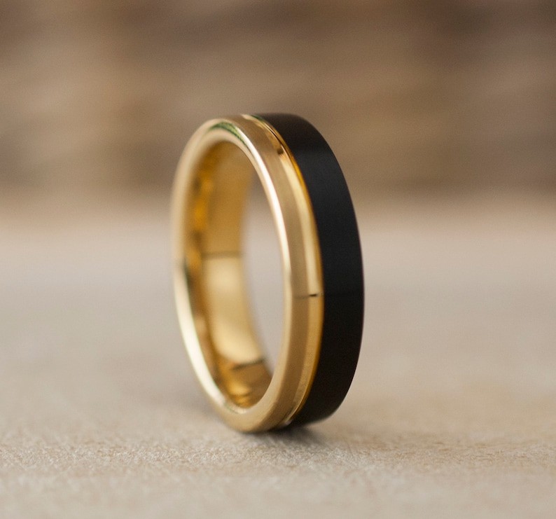 6MM Gold Tungsten Ring Men Women Black Wedding Band Two Tone image 1