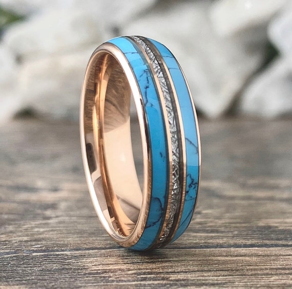 Rose Gold Turquoise Meteorite Tungsten Ring Men Women Wedding Band 6MM Size 5 to 14 Male Shiny Anniversary Engagement Promise Her Love Gift