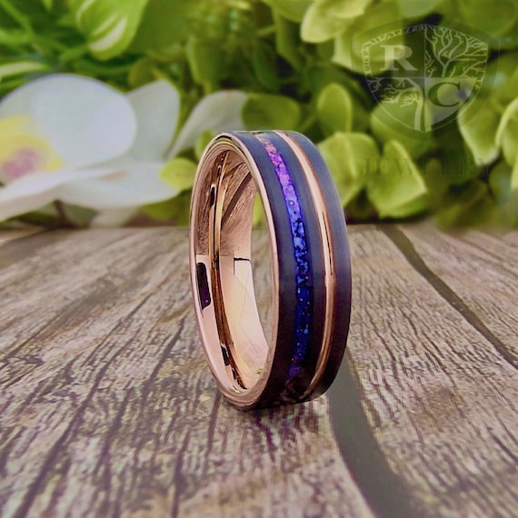 Amethyst Nebula Tungsten Carbide Ring Rose Gold and Black 6mm Wedding Engagement Ring for Men and Women Anniversary Gift