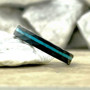 Hammered Black Tungsten Thin Wedding Band with Turquoise Inlay, 4MM
