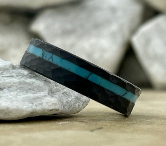 Black Hammered Anniversary Ring Turquoise Inlay 6MM Men Women Brush Wedding Band Comfort Fit Size 5 to 14 Male Female Promise Ring