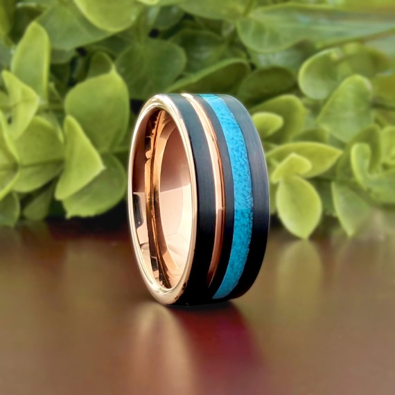 Mens Rose Gold Black Tungsten Ring Crushed Turquoise Inlay Women Wedding Band 8mm