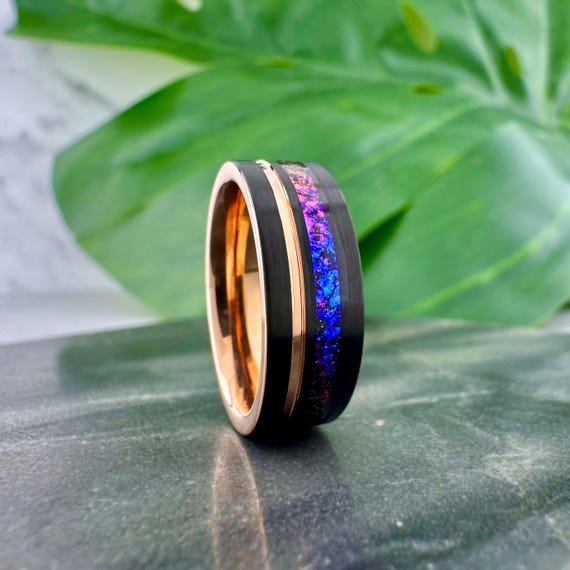 Black and Rose Gold Tungsten Ring Oriona Nebula Inlay Grooved, Alexandrite Wedding Band Purple Galaxy 8mm