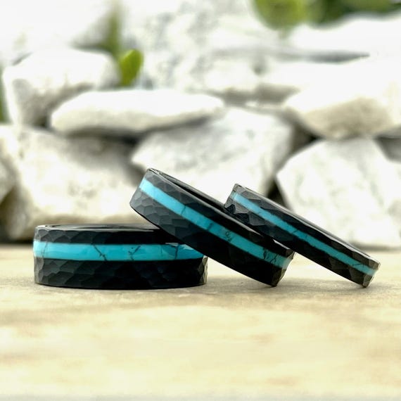 Black Hammered Wedding Band Turquoise Inlay Men Women Tungsten Ring Set Brush Comfort Fit 8MM 6MM 4MM Size 4 to 15 Anniversary His Hers Gift
