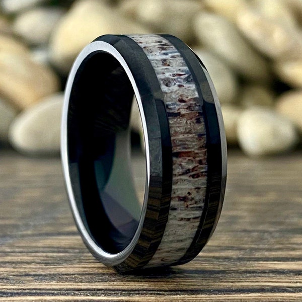 Black Tungsten Ring Deer Antler Wedding Band Men Polished 8MM Size 5 to 15 Male Exotic Proposal Anniversary Engagement Hunter Jewelry Gift