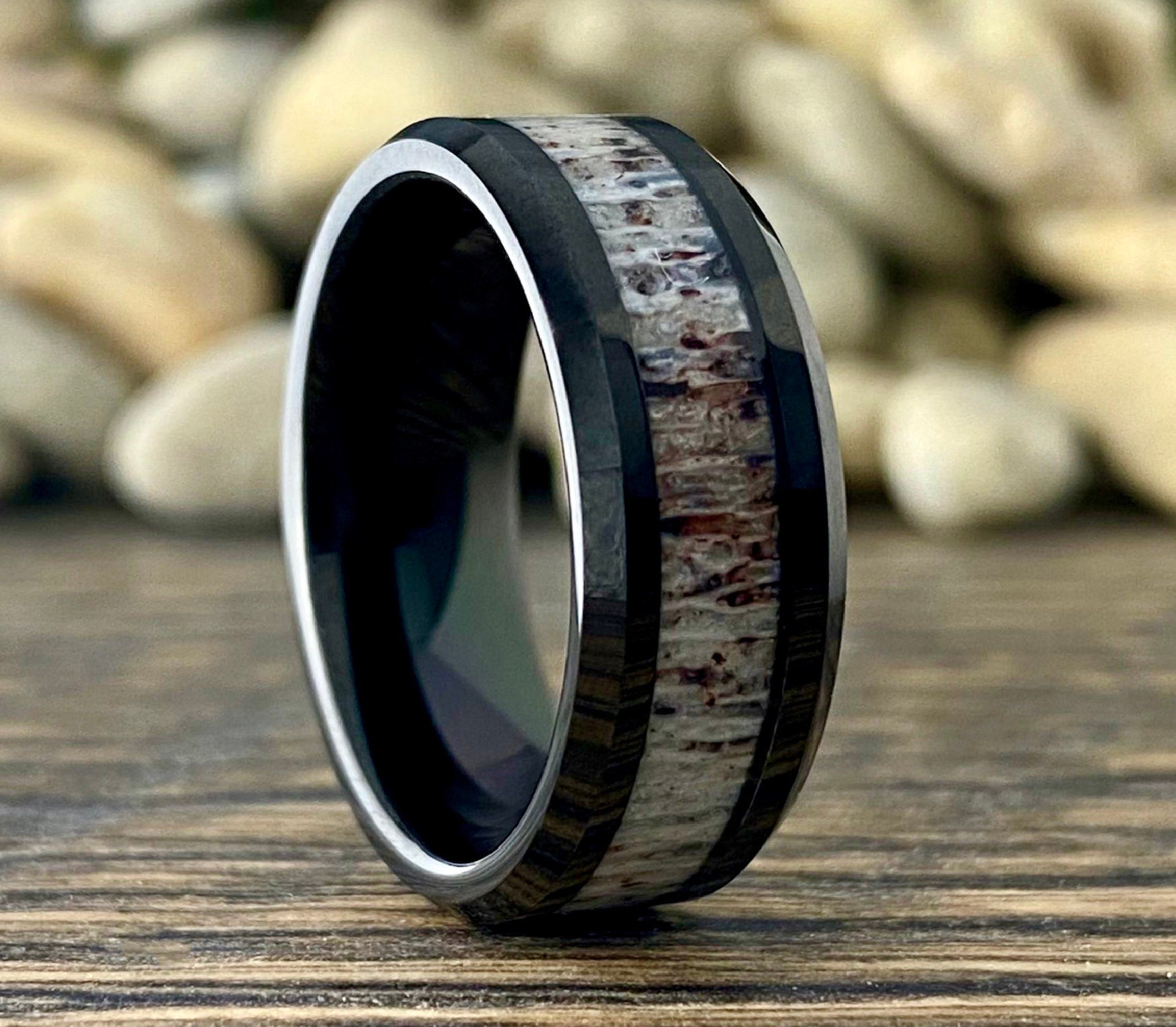 Free Personalize 8mm Black Tungsten Carbide Real Deer Antler Wedding Band Ring 