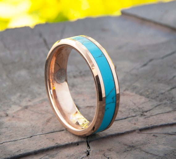 Turquoise Rose Gold Tungsten Ring Women Men Wedding Band 6mm Beveled Edges Comfort Fit Size 4 to 14 His Her Anniversary Engagement Ring