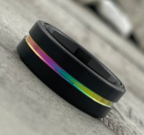 Black Rainbow Tungsten Ring Men Love Wedding Band 8MM Comfort Fit Design Size 5 to 15 Male Unique Fashion Ring His Love Promise Ring