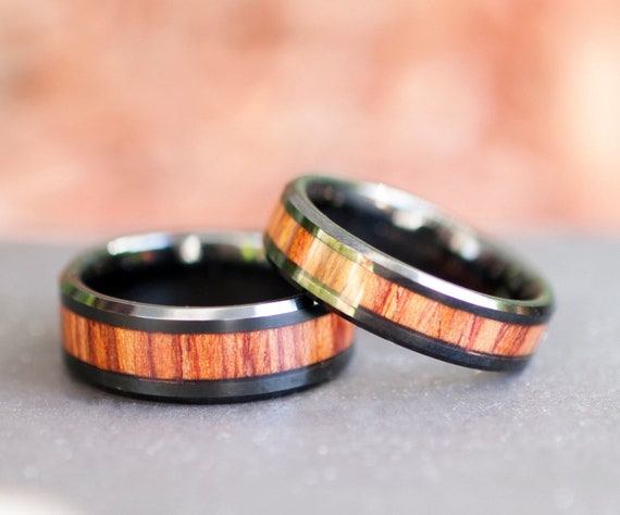 Wood Black Tungsten Ring Men Women Wedding Anniversary Band Set Or Single Ring 8MM 6MM Size 5 to 15 His Her Duo Promise Engagement Ring Gift