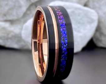 Rose Gold and Black Tungsten Ring Nebula Galaxy Inlay, Alexandrite Wedding Band Purple 8mm, Personalized Gift for Him