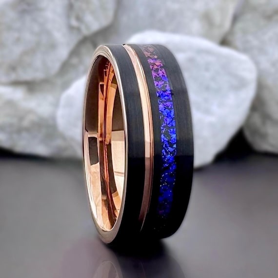 Black and Rose Gold Tungsten Ring Oriona Nebula Inlay Grooved, Alexandrite Wedding Band Purple 8mm, Personalized Christmas Gift for Him