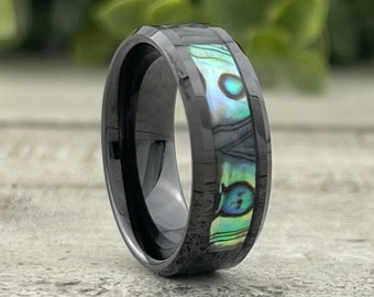 Abalone Black Tungsten Ring Men Wedding Band Polished Design 8MM Size 5 to 14 Husband Wife Anniversary Love Gift Black Engagement Ring