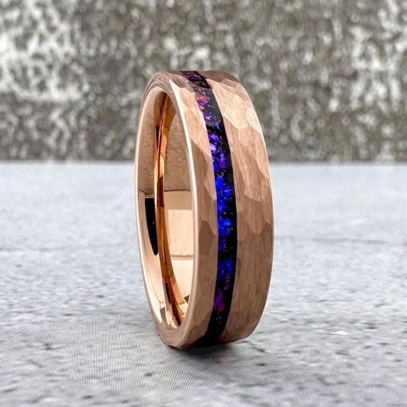 Nebula Space Galaxy Rose Gold Tungsten Hammered Ring Alexandrite Men Women Wedding Engagement Band Anniversary Gift