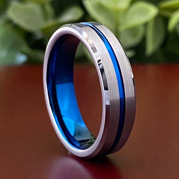 Anillo de tungsteno masculino Alianza de boda azul gris Hombres Mujeres Cepillo de ajuste cómodo 6 mm Tamaños 5-14 Aniversario del esposo Regalo especial Anillo de promesa elegante