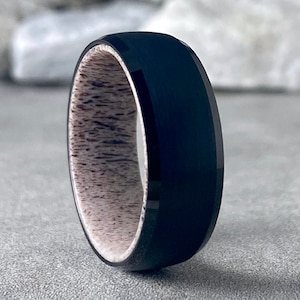 Deer Antler Inside Black Tungsten Ring Men Wedding Band Brushed Design 8MM Thick Sizes 5 to 15 Unique Husband Anniversary Love Fathers Gift