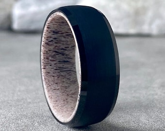 Deer Antler Inside Black Tungsten Ring Men Wedding Band Brushed Design 8MM Thick Sizes 5 to 15 Unique Husband Anniversary Love Fathers Gift