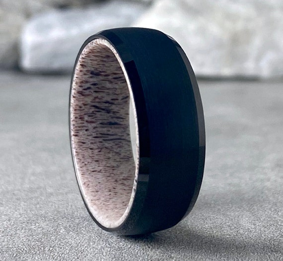 Deer Antler Inside Black Tungsten Ring Men Wedding Band Brushed Design 8MM Thick Sizes 5 to 15 Unique Husband Anniversary Love Fathers Gift