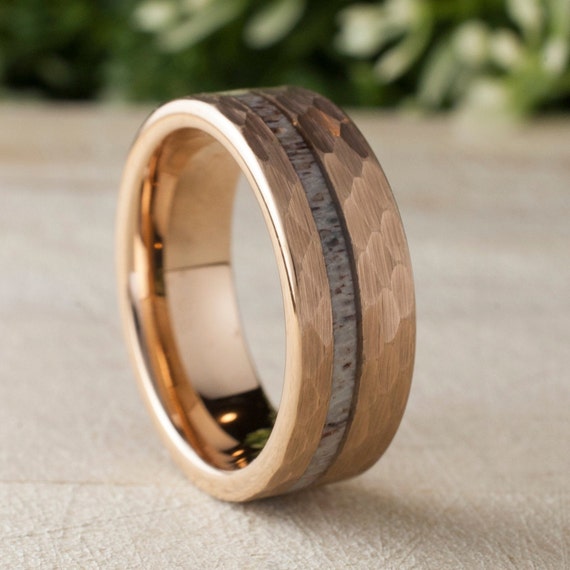 Deer Antler Hammered Rose Gold Tungsten Ring Mens Wedding Band 8MM Comfort Fit Design Size 5 to 15 Male Unique Anniversary Love Gift Idea