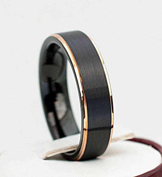 Black Tungsten Ring Classy Brushed Design With Rose Gold Thin Lines Wedding Bridal Band Men Woman 6MM Size 4 to 14 Fabulous His or Her Gift