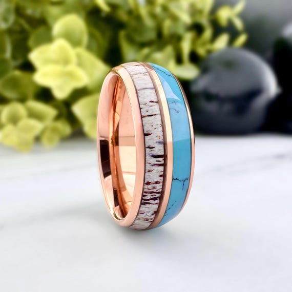 Rose Gold Tungsten Ring Deer Antler Turquoise Inlay Wedding Band Polished Domed Design 8MM