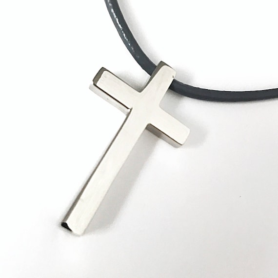 Small Cross Necklace Stainless Steel Leather Cord Colors Black Brown Blue Gray Red Pink or Purple Simple Women's Kids Jewelry Religious Gift