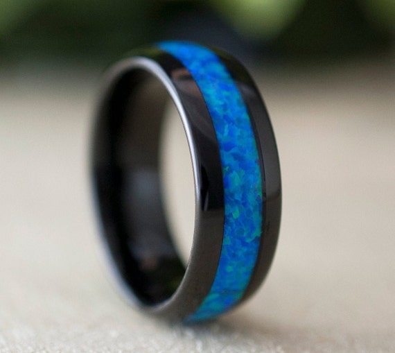 Black Tungsten Ring Blue Green Opal Wedding Band Men Women 8MM Domes Bright Shiny Design Size 5 to 15 His or Her Anniversary Special Gift